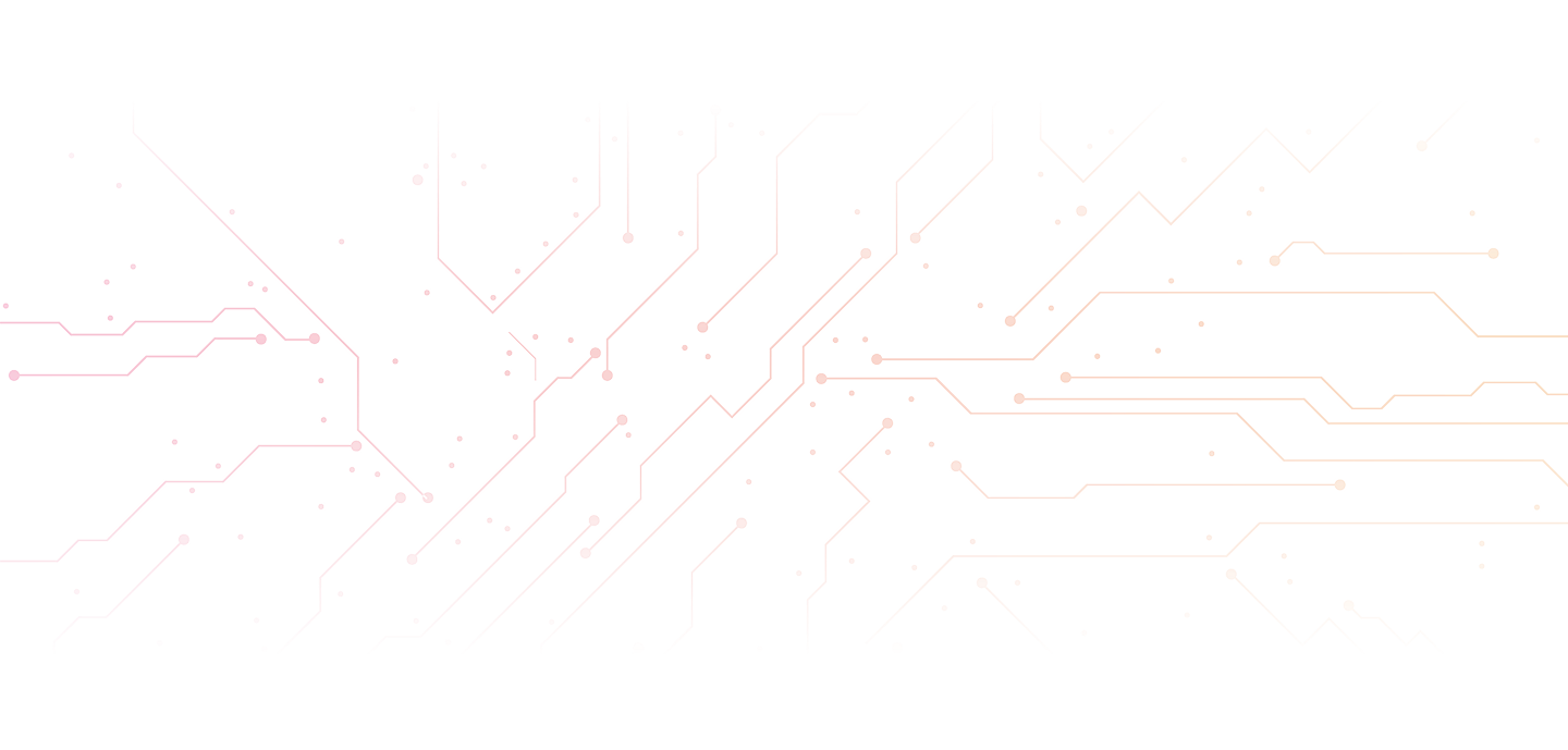 Abstract graphic featuring interconnected lines in shades of pink, orange, and yellow, resembling a circuit board or digital network.