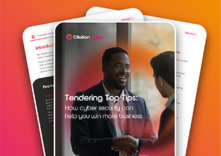 A visual of a professional shaking hands, with a blurred background of three pages featuring text about cybersecurity tips for business.