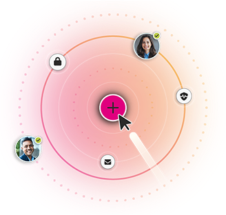 A graphic with a central plus sign and various user icons around it, depicting options like a lock, heart, and envelope against a vibrant circular background.