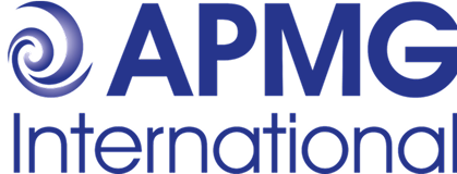Logo of APMG International featuring a swirling design in blue and the text 