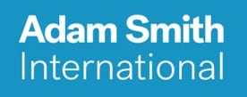 Text logo for Adam Smith International on a blue background.