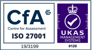 Certification logo for ISO 27001, featuring 