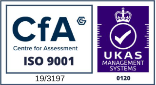 Certification logo for ISO 9001 by CfA (Centre for Assessment) and UKAS Management Systems, featuring a blue check mark and crown.