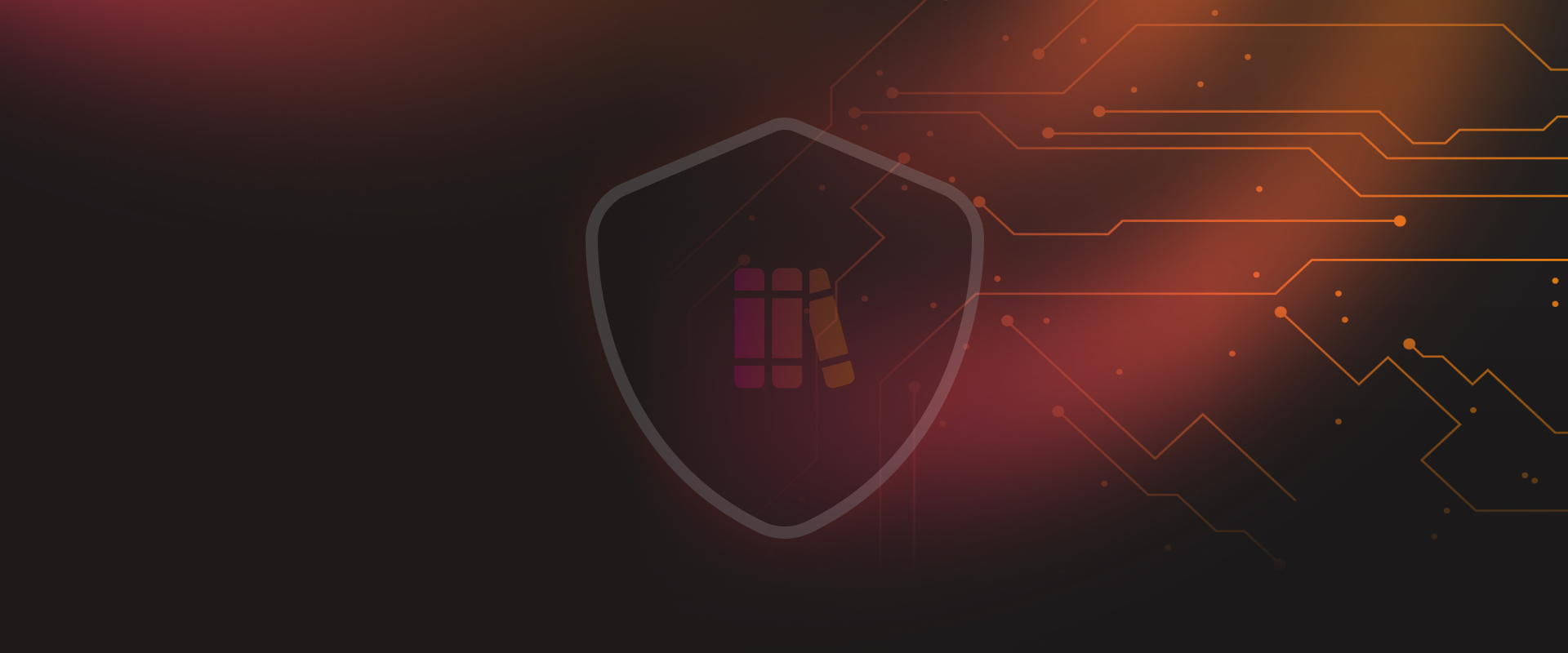 Abstract graphic featuring a shield symbol with circuit-like lines and a gradient background of dark to fiery orange hues.