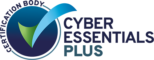 Logo representing Cyber Essentials Plus certification, featuring a green check mark and blue circular design elements.