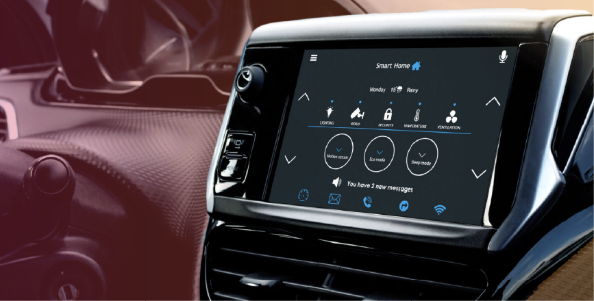 A touchscreen dashboard displaying a smart home interface, featuring options for lighting, security, and messaging.
