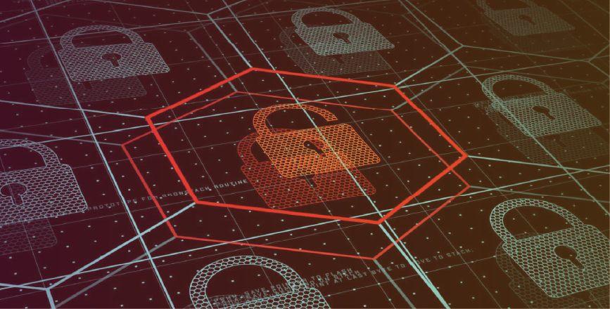 A digital illustration featuring a central open padlock highlighted in red, surrounded by various closed padlocks in a grid pattern.