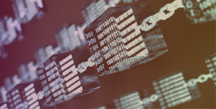Three translucent blocks connected by a chain, displaying binary code, representing a blockchain concept.