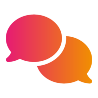 Two overlapping speech bubbles in a gradient of pink to orange, representing communication or conversation.
