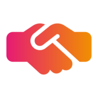Two stylised hands shaking, one in pink and the other in orange, symbolising partnership or agreement.