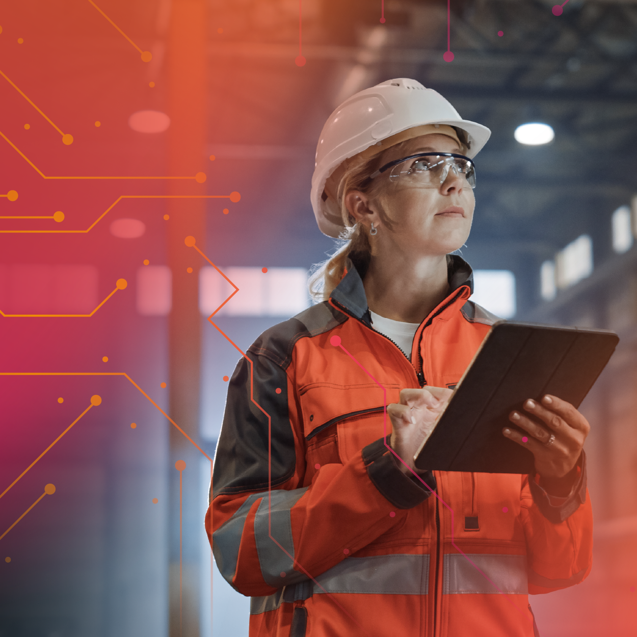 A woman in a hard hat and safety glasses holds a tablet, looking thoughtfully in a warehouse setting, with digital graphics overlayed.