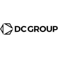 A black and white logo featuring a geometric shape and the text "DCGROUP" in a modern font.