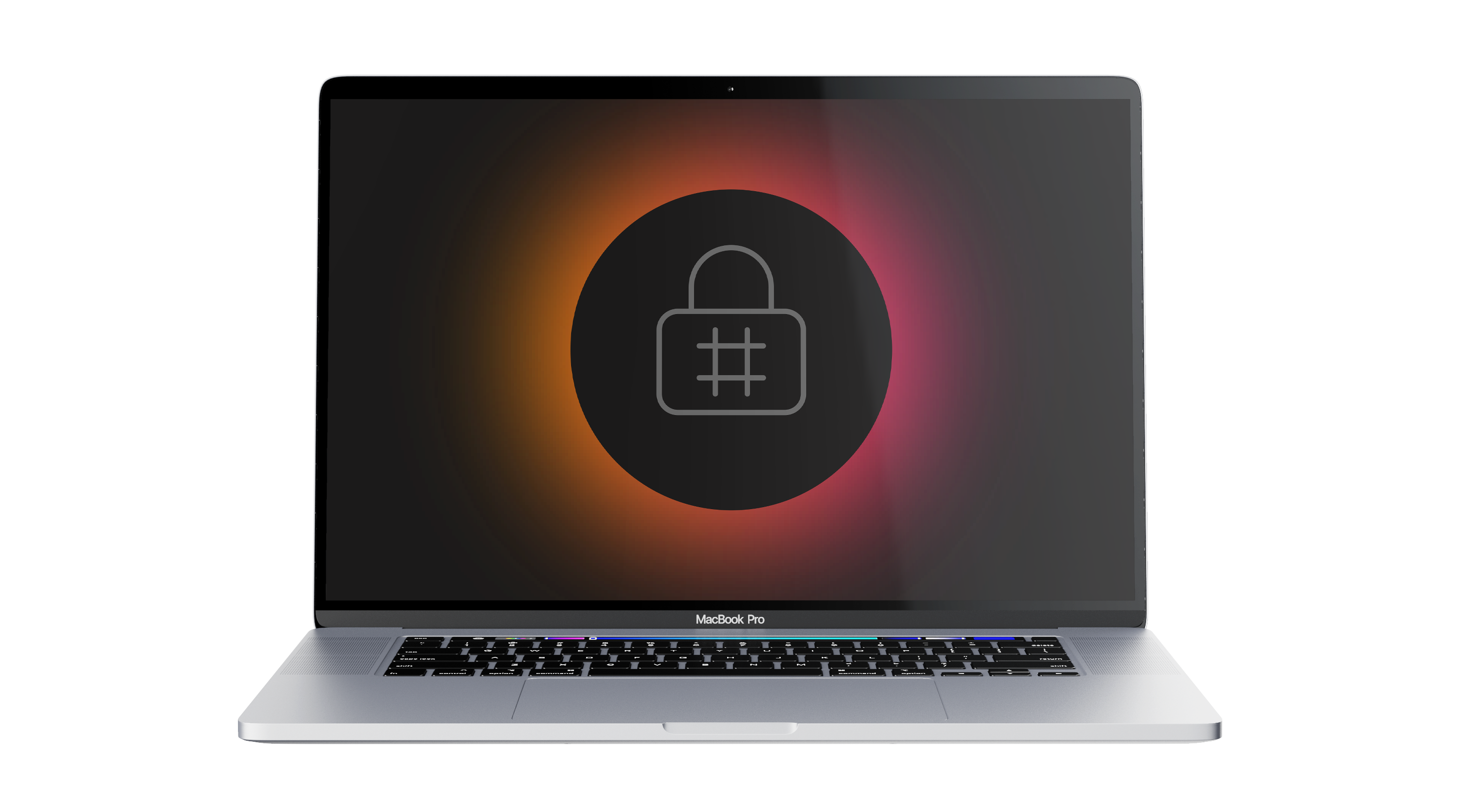 A MacBook Pro with a dark screen displaying a stylised padlock icon surrounded by a gradient of orange and pink.
