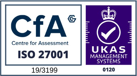 Logo for CfA (Centre for Assessment) certifying ISO 27001, alongside UKAS Management Systems logo with certification number 0120.