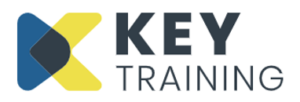 Logo for Key Training featuring the word "KEY" in bold letters alongside a stylized geometric design in blue and yellow.