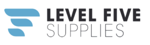 Logo for Level Five Supplies featuring a stylized graphic element and the text in a modern font.
