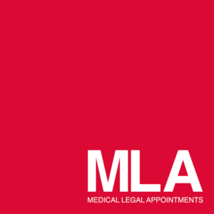 Red background with the acronym "MLA" in large white letters and the full phrase "MEDICAL LEGAL APPOINTMENTS" in smaller white text.