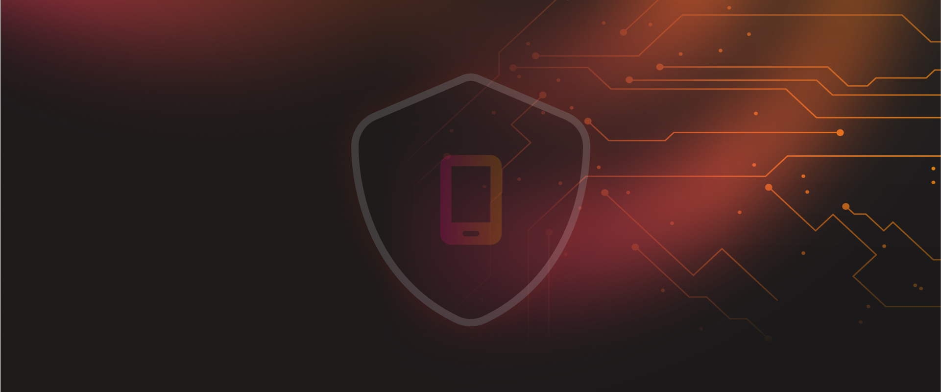 Abstract background featuring a shield icon with a smartphone silhouette at its centre, surrounded by circuit-like lines in warm colours.