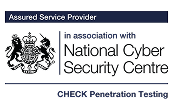 Logo for Assured Service Provider in association with the National Cyber Security Centre, highlighting CHECK Penetration Testing.