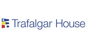 Logo of Trafalgar House, featuring a colorful abstract symbol beside the company name in blue text.
