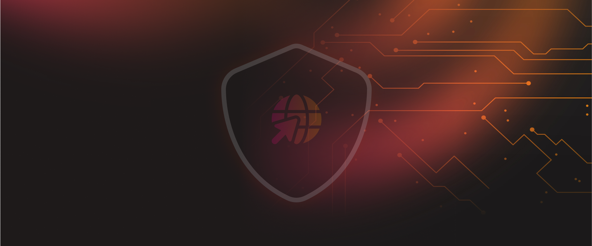 A stylized shield logo with a globe and arrows, set against a dark background with orange and red circuit-like patterns.