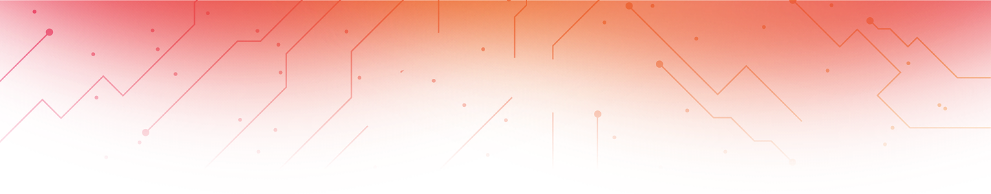 A vibrant abstract background featuring gradient hues of red and orange with curved lines and digital elements.
