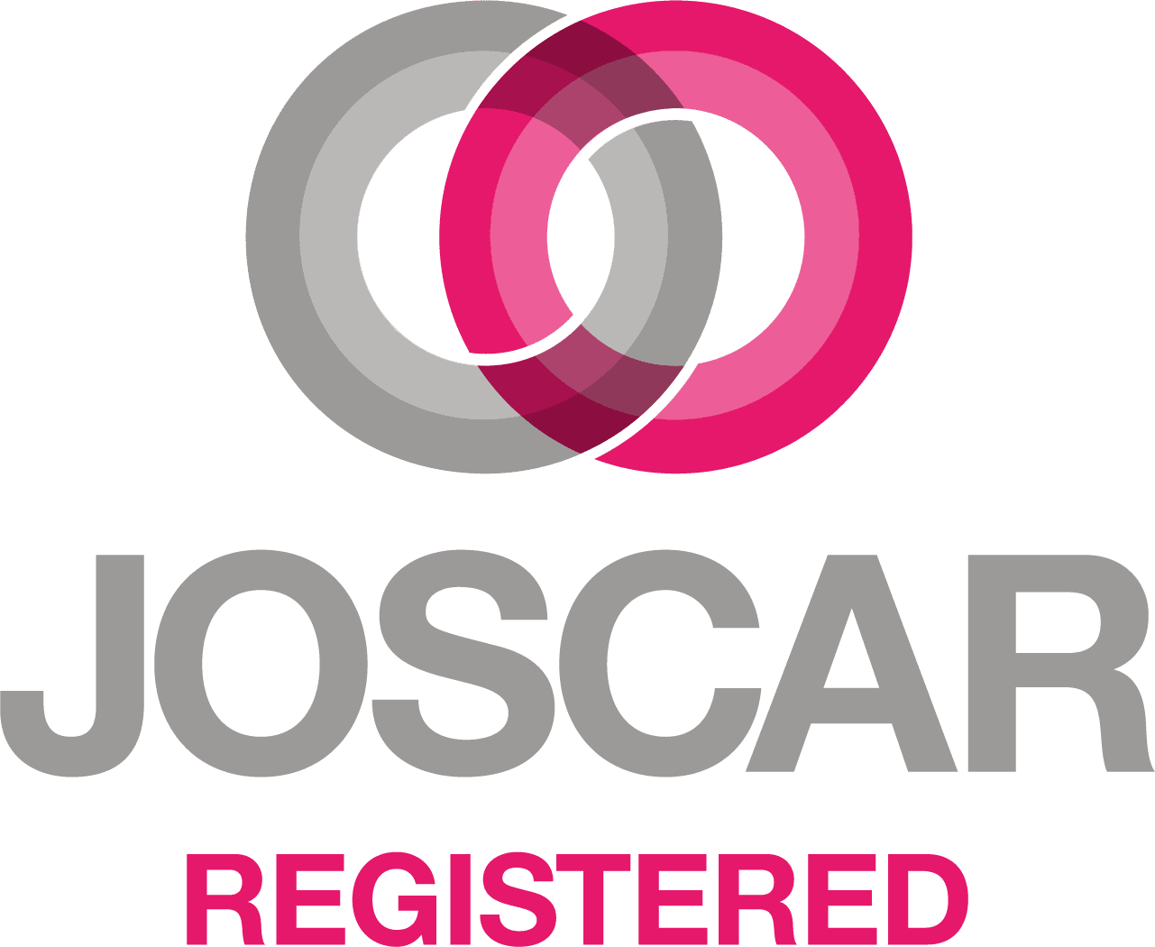 Logo featuring overlapping circles in grey and pink, with the word 