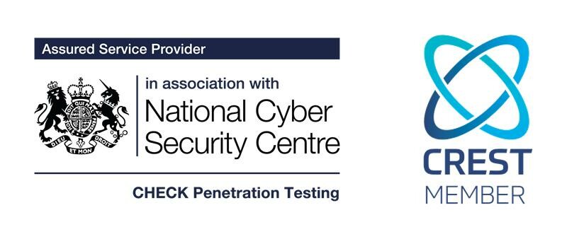 Logo featuring the UK Government's Coat of Arms, text identifying an Assured Service Provider and the National Cyber Security Centre, along with a CREST Member logo.
