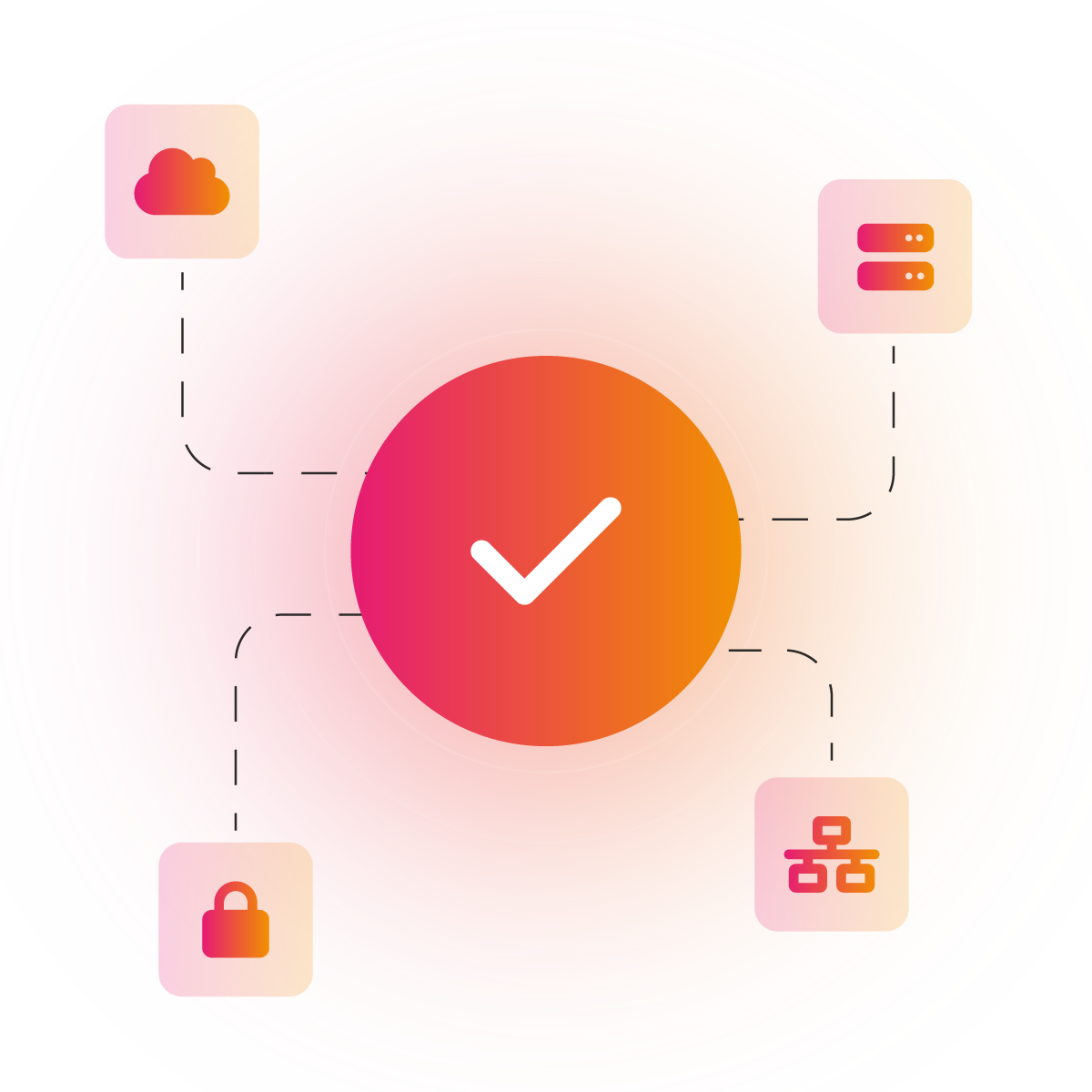 A central checkmark surrounded by swirling orange and pink lines, with icons representing different concepts in each corner.