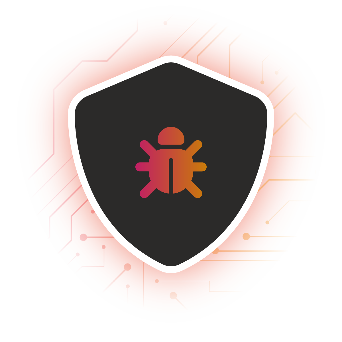 A stylised shield icon with a bug symbol in the centre, set against an abstract orange background with circuit-like patterns.