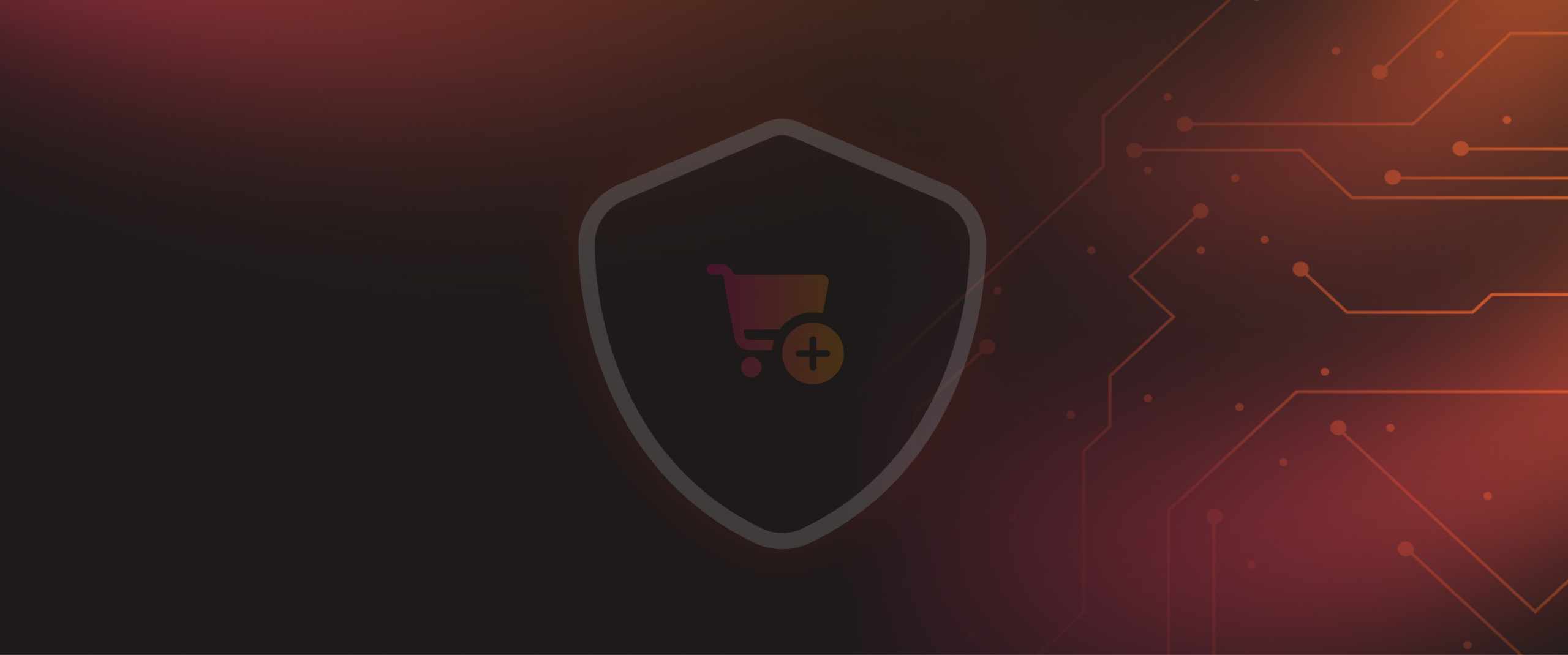 A dark abstract background featuring a shield symbol with a shopping cart icon and digital circuit patterns.