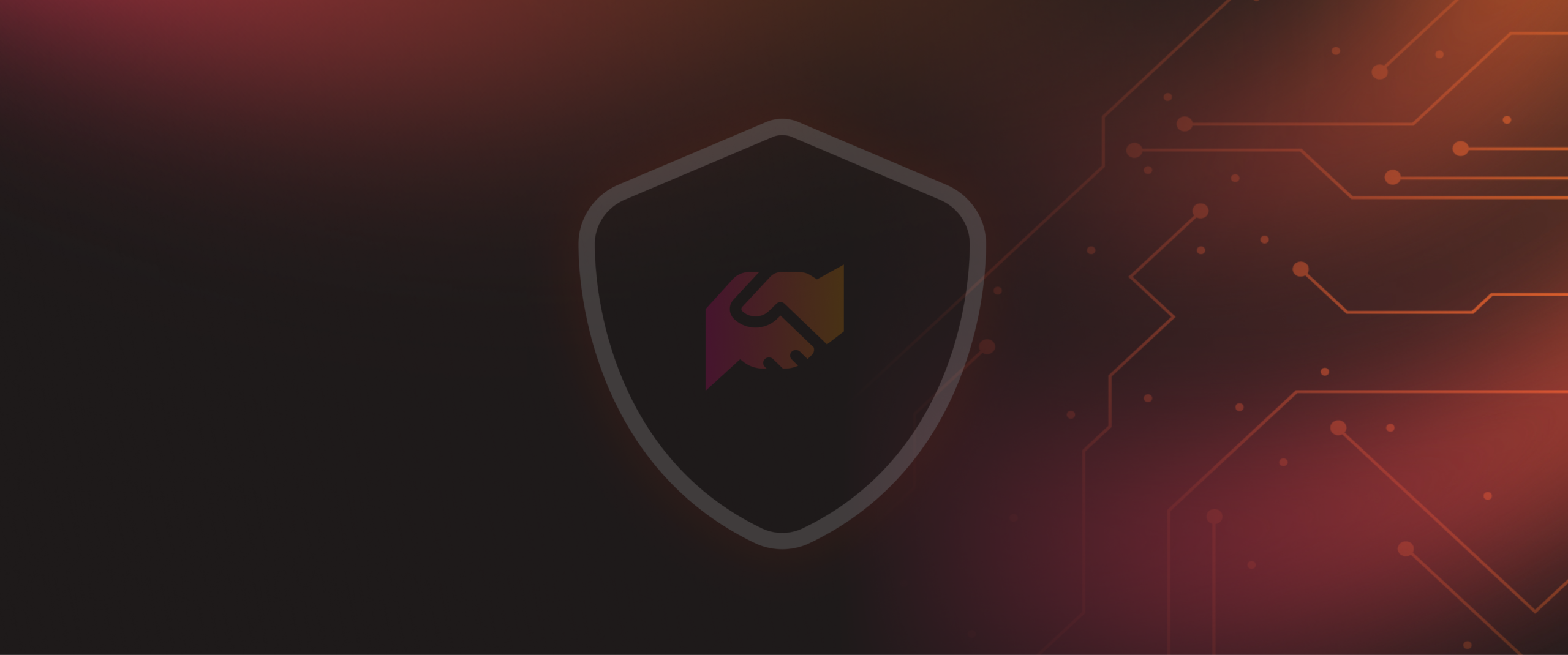 A shield graphic featuring a handshake symbol, set against a dark background with circuit-like patterns and a gradient from red to black.