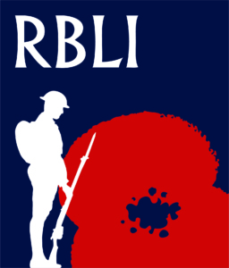 Silhouette of a soldier with a rifle beside a large red poppy, featuring the text "RBLI" in bold white letters.