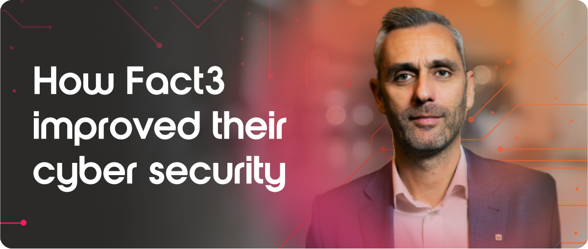 Man in a blazer with a neutral background featuring network graphics, accompanied by text about improving cyber security.