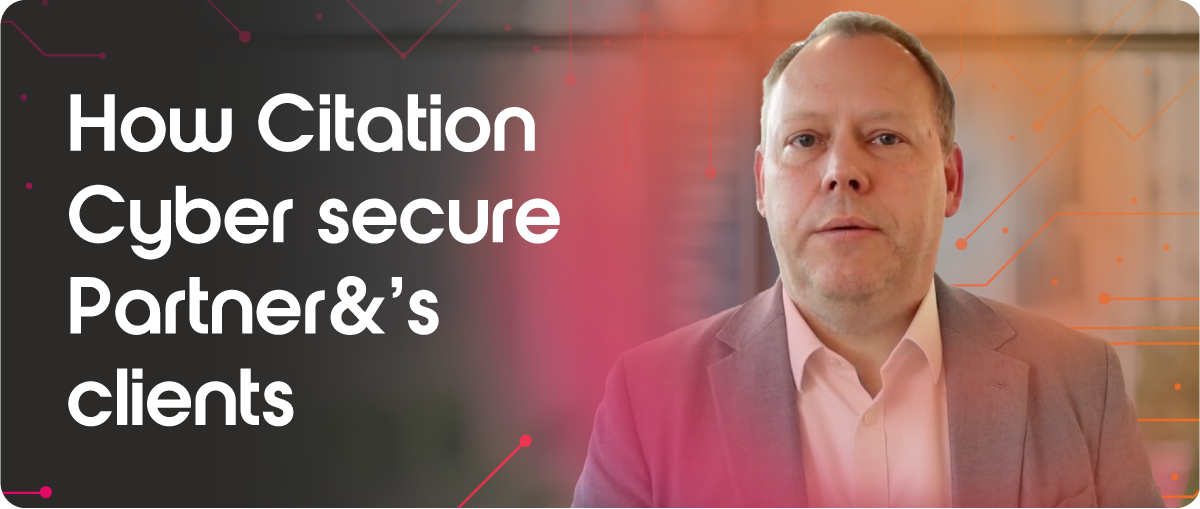 A man in a suit speaks about how Citation Cyber secures clients, with a gradient background and digital design elements.