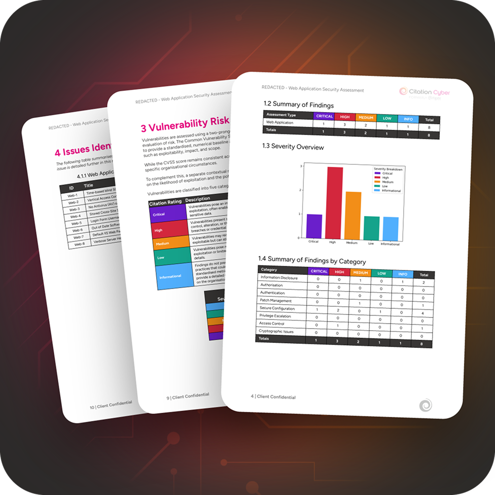 A collection of three pages from a web application security assessment report, featuring charts and summary tables categorizing findings and risks.