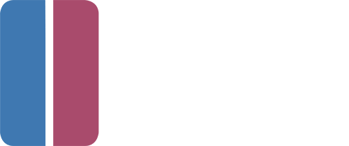 A logo featuring a blue and maroon colour scheme with stylized text and shapes.