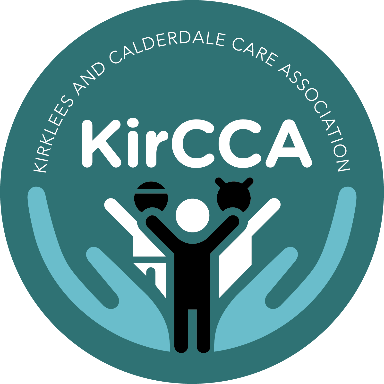 Logo of Kirklees and Calderdale Care Association featuring a central figure holding a mask and a heart symbol, surrounded by stylised hands.