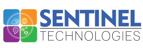 Logo for Sentinel Technologies featuring a stylized design with four coloured squares and the company name in bold blue letters.