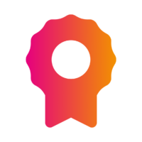 A gradient badge icon featuring a circular center with a ribbon at the bottom, coloured in pink and orange.