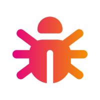 A stylized bug icon with a gradient of pink to orange, featuring a circular head and elongated body with six radiating legs.
