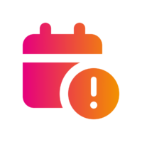 A gradient pink and orange calendar icon with an exclamation mark inside a circle, suggesting a reminder or alert.