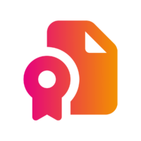 A stylised document icon with a ribbon or badge, featuring a gradient from pink to orange.