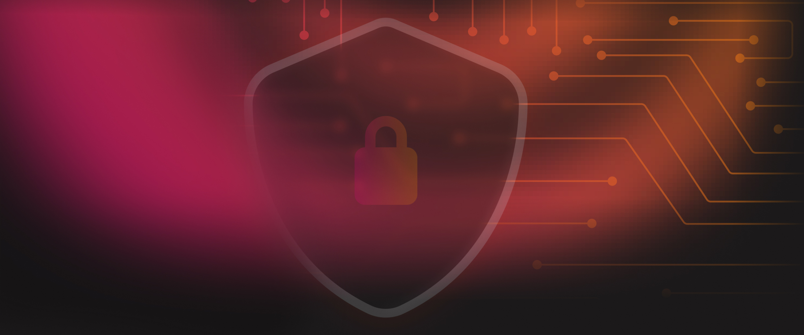 A shield silhouette with a padlock symbol, set against a gradient background of purple and orange with digital circuit patterns.