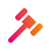 A stylised gavel icon featuring a gradient colour scheme of pink, orange, and yellow against a black background.