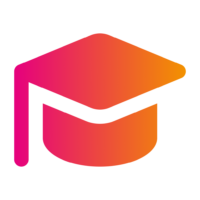 A gradient-coloured graduation cap icon in pink and orange.