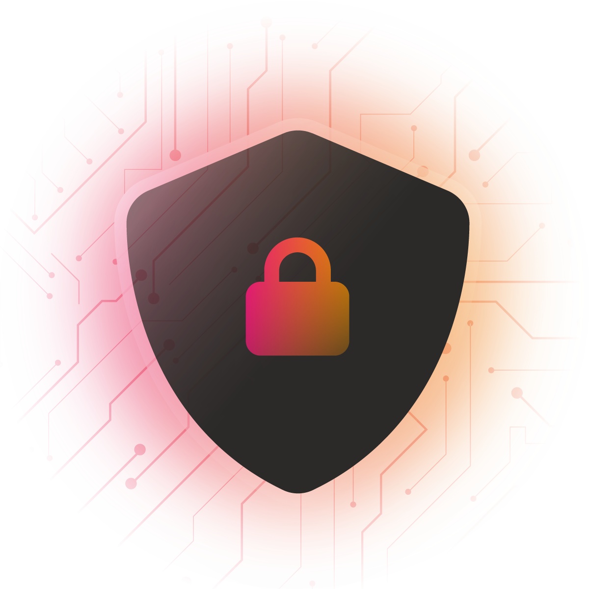 A shield icon in black featuring a padlock, surrounded by a vibrant orange and pink circular gradient with circuit-like patterns.
