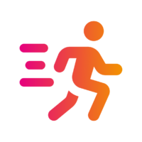 A stylised orange and pink icon of a running person with motion lines depicting speed.