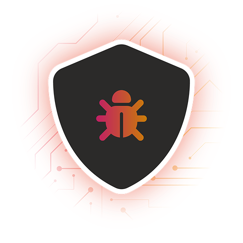 A shield emblem with a bug icon in the centre, encircled by a glowing orange and red border, suggesting cybersecurity protection.