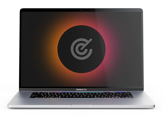 A sleek MacBook Pro with a glowing circular logo on the screen, featuring a gradient background in warm colours.